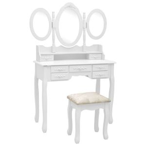 vidaXL fehér fésülködőasztal ülőkével és háromrészes tükörrel kép