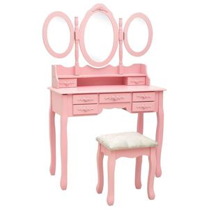 vidaXL rózsaszín fésülködőasztal ülőkével és háromrészes tükörrel kép