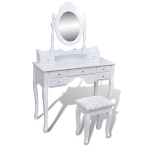 vidaXL 7 fiókos fehér fésülködőasztal tükörrel és zsámollyal kép