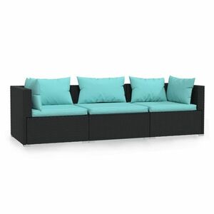 vidaXL fekete háromszemélyes polyrattan kanapé párnákkal kép