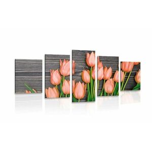 5 részes kép elbűvölő narancssárga tulipánok fa felületen kép