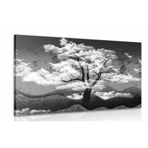 Kép fa felhőkkel elárasztva fekete fehérben kép