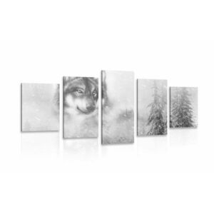 5 részes kép farkas havas erdőben fekete fehérben kép