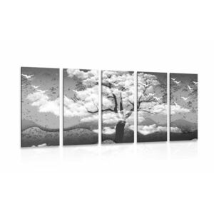 5-részes kép fa felhők között fekete fehérben kép