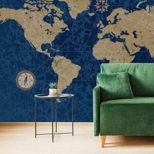 Tapéta világtérkép iránytűvel, retro stílusú, kék háttérrel kép