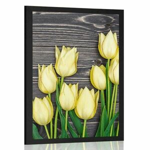 Poszter sárga tulipánok fa háttéren kép