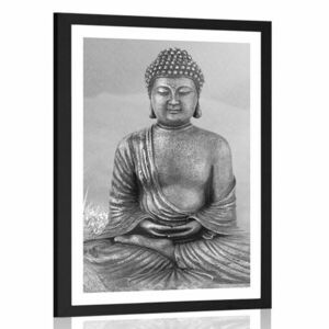 Poszter paszportuval Buddha szobra meditáló helyzetben fekete-fehérben kép