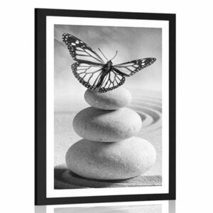 Poszter paszportuval a kövek és a pillangók egyensúlya fekete-fehérben kép