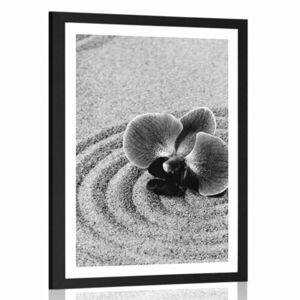 Poszter homokos Zen kert orchideával fekete fehérben kép