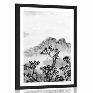 Poszter hagyományos kínai tájképfestés fekete-fehérben kép