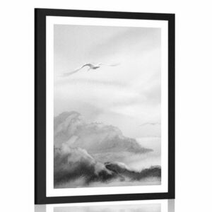 Poszter paszportuval madarak repülése a fekete-fehér táj felett kép