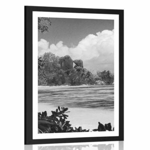 poszter gyönyörű strand La Digue szigetén fekete-fehérben kép