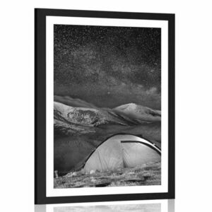 Poszter apszportuval sátorral az éjszakai égbolt alatt fekete-fehér kivitelben kép