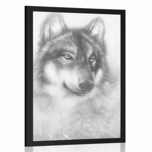 Poszter egy farkas havas tájon, fekete-fehérben kép