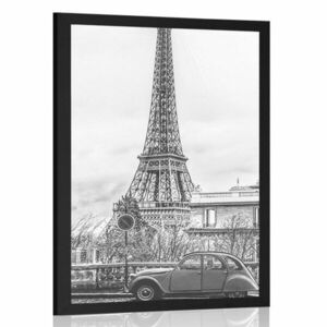 Az Eiffel-torony plakátképe a párizsi utcáról fekete-fehérben kép