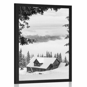 Poszter fa házikó a hegyekben fekete fehérben kép