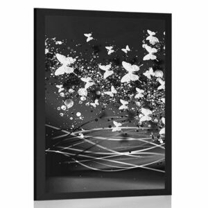 Poszter gyönyörű szarvas pillangókkal, fekete-fehér kivitelben kép