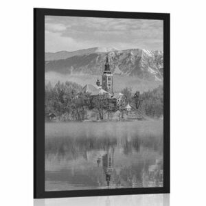 Poszter templom a Bledi-tónál, Szlovéniában fekete fehérben kép