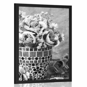 Poszter moazik cserép szekfű virággal fekete fehérben kép