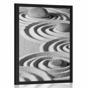 Poszter Zen kövek Zen homokos körökben fekete fehérben kép