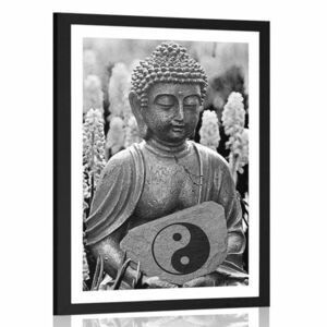 Poszter paszportuval jin és jang jel Buddha kezében fekete fehérben kép