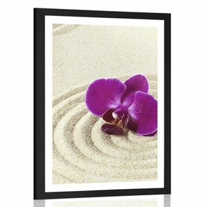 Poszter paszportuval homokos Zen kert lila orchideával kép