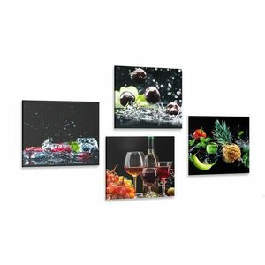 Képszett bor és gyümölcsök fekete háttérrel kép