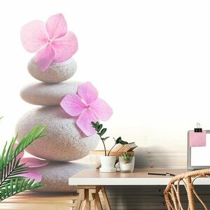 Öntapadó fotótapéta kőegyensúly és rózsaszín keleti virágok kép