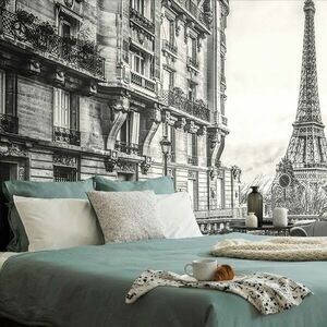 Öntapadó tapéta kilátás az Eiffel toronyra párizsi utcából fekete fehérben kép