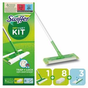 SWIFFER Sweeper induló készlet padlóápoláshoz: 1 nyél, 8 darab Dry, 3 darab nedves törlőkendő kép