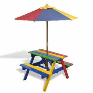 vidaXL színes fa gyerek piknikasztal paddal és napernyővel kép