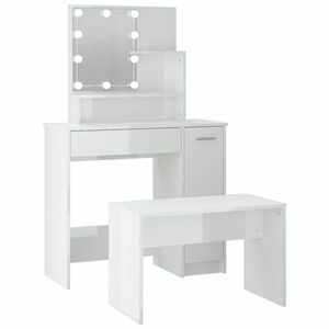 vidaXL magasfényű fehér szerelt fa fésülködőasztal-szett LED-ekkel kép