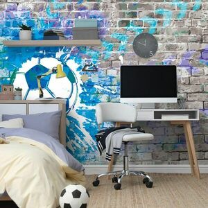 Öntapadó tapéta kék focilabda tégla fal háttéren kép