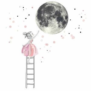 Falmatrica gyerekszobába - Hold és lány rózsaszínben, nagy matrica kép
