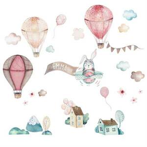 Kislány falmatrica - Rózsaszín hőlégballonok, nyuszi és házak kép