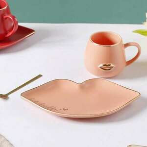Kerámia bögre tányérral és teáskanállal Pufo Gyönyörű kávéhoz vag... kép