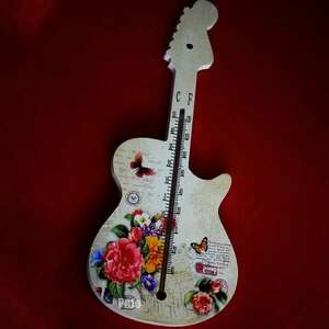 Fali hőmérő gitár formájában Pufo színes virágok belső térhez, 27 cm kép