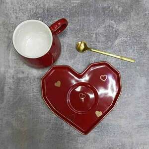 Kerámia bögre szív alakú tányérral és Pufo Be Mine kanállal kávéh... kép
