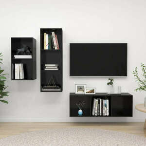 vidaXL 3 részes magasfényű fekete forgácslap TV-szekrény szett kép