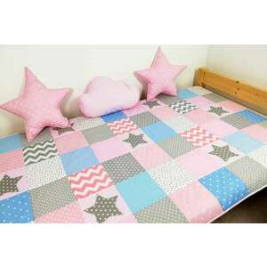 Rózsaszín-világoskék csillagos patchwork ágytakaró kép