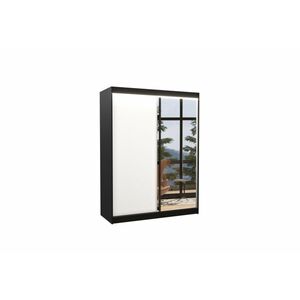 JORDAN tolóajtós ruhásszekrény tükörrel, 150x200x58, fekete/fehér kép