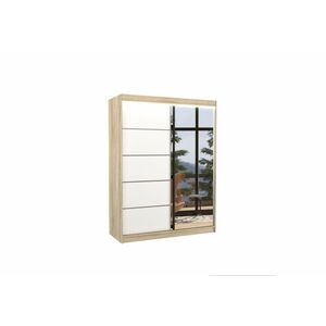 LIMBA tolóajtós ruhásszekrény tükörrel, 150x200x58, sonoma/fehér kép