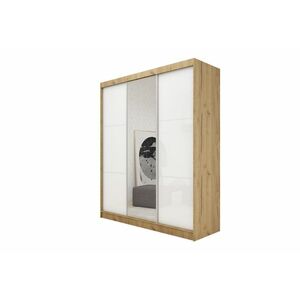 BIBIANA tolóajtós ruhásszekrény tükörrel, sonoma/fehér üveg, 180x216x61 kép