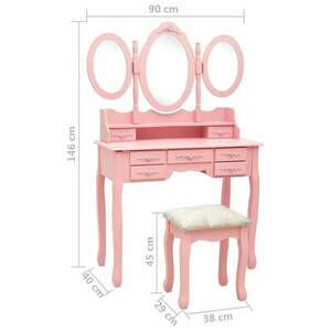 vidaXL rózsaszín fésülködőasztal ülőkével és háromrészes tükörrel kép