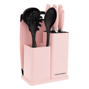 TEMPO-KONDELA KAHON, kés- és konyhai eszköz készlet, 10 db, állvánnyal, rózsaszín kép