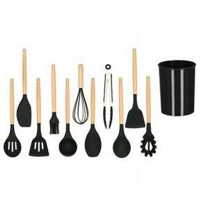 Konyhai edénykészlet, szilikon és bambusz, fekete, 12 részes, Springos kép