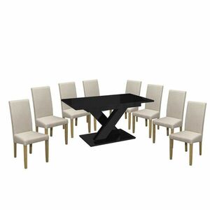 Maasix BKG Magasfényű Fekete 8 személyes étkezőszett Bézs Vanda székekkel kép