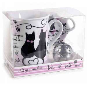 Fekete macskás teásbögre szett fémszűrővel és teafiltertartóval -... kép