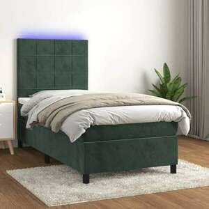 vidaXL sötétzöld bársony rugós és LED-es ágy matraccal 100x200 cm kép