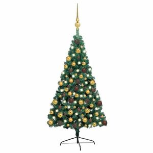 Zöld megvilágított fél műkarácsonyfa gömb szettel 180 cm kép